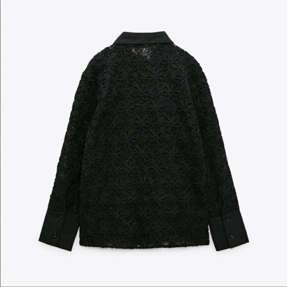 NWT Zara Black Floral Embroidered Long Sleeve Button Up Shirt/Blouse Size Small - Picture 2 of 8